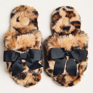 NEW Anthropologie Maeve Leopard Print Faux Fur Slippers with Black Bow